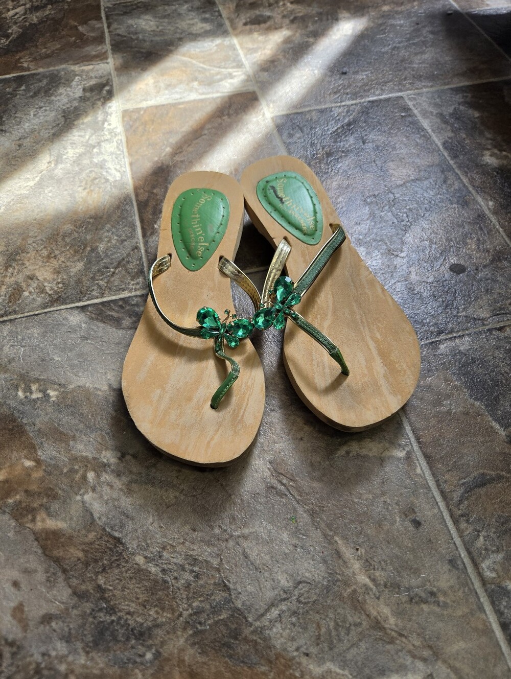 Vintage Sketcher Green Jeweled Thong Sandals with Gold Straps
